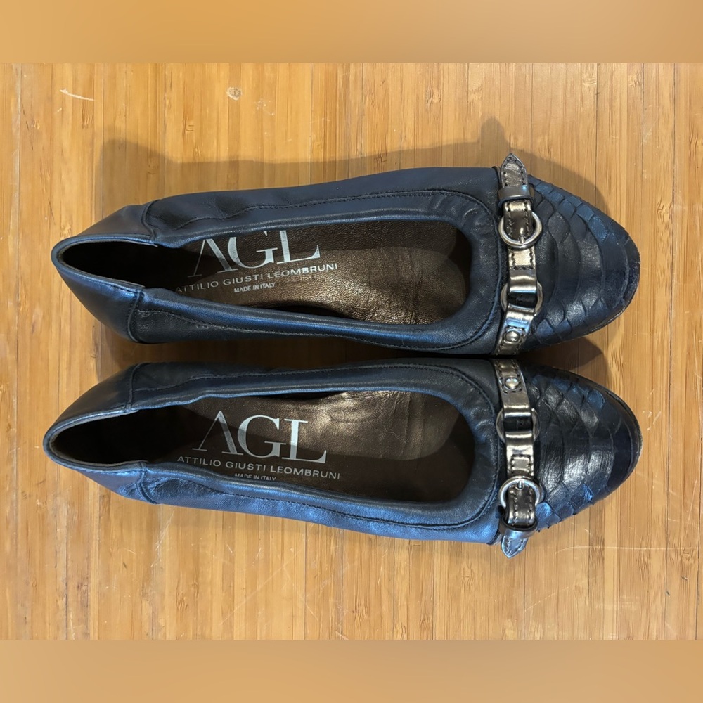 AGL Navy Leather Loafers with Silver Buckle